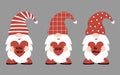 Cute Valentine`s gnomes collection on dark background. Gnomes hold red hearts with love words in their hands. Baby valentine dwarf